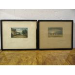 Claude Rowbotham two framed and glazed polychromatic etchings of a mill and a harbour, each 5.5 x