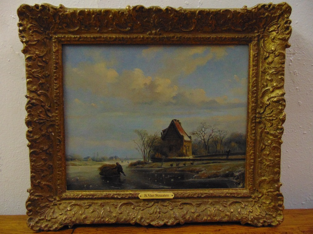 Bruno van Straaten 1786-1870 framed oil on canvas of a Dutch winter scene with a figure pushing a