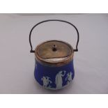 Wedgwood Jasperware biscuit barrel with silver plated swing handle, collar and cover, 13cm (h)