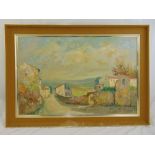 A framed oil on canvas of a continental village landscape indistinctly signed bottom right, 60 x
