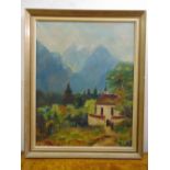 A framed oil on canvas of a Swiss mountain scene, 50.5 x 40.5cm