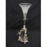 Silver plated table centre piece with cast griffin figurines and a glass flute on circular base with