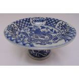 A Chinese early 20th century blue and white fruit bowl on raised circular base decorated with a