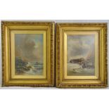 A pair of framed and glazed oils on panel seascapes, indistinctly signed, 35 x 25.5cm