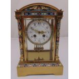A French champlevé, brass and four glass mantle clock, white enamel dial, Arabic numerals, to