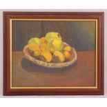 A framed and glazed oil on canvas still life of fruit, 38 x 49cm
