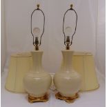 A pair of porcelain baluster form table lamps to include shades, 76cm (h)
