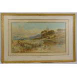 James Syer framed and glazed watercolour of a lake scene with castle in the background titled The