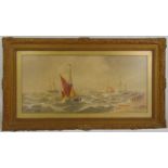 Thomas Bush Hardy framed and glazed watercolour with ships at sea near a dock, signed bottom left,
