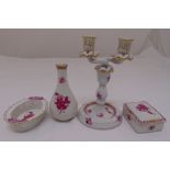 A quantity of Herend porcelain Red Apponyi pattern to include a candelabrum, a vase, a bonbon dish