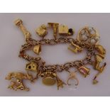 9ct gold charm bracelet with seventeen charms, approx total weight 43.4g