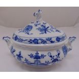 Meissen blue and white onion pattern tureen and cover with side handles, and domed pull off cover,