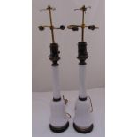A pair of Victorian milk glass table lamps converted to electricity, 88cm (h)