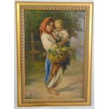 A framed Russian oil on canvas of a woman and child with a basket of flowers, dated 1932, 62.5 x