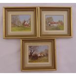 Three framed and glazed oil on copper miniatures of country cottages monogrammed PD bottom left