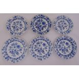 Six Meissen onion pattern plates of two sizes 19.5cm and 21cm, A/F