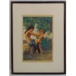 A watercolour of a half naked lady with a cupid in garden setting, monogrammed bottom left