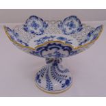 Meissen onion pattern tazza with pierced sides decorated with gilded borders on raised circular