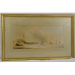 Copley Fielding framed and glazed watercolour of a coastal scene with boats and figures, signed