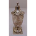 A silver sugar sifter, vase form with raised pieced pull of cover on square base, Sheffield 1922,