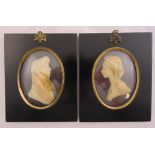 Two Victorian framed and glazed wax profiles of a lady and gentleman in original frames, 15 x 13cm
