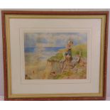 Helen Tatham framed and glazed watercolour of children playing by a shoreline, signed bottom left,