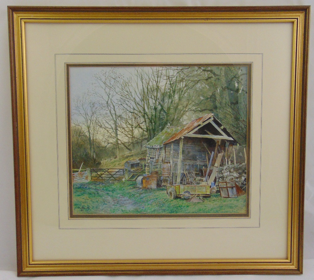 Richard Bolton framed and glazed watercolour of a farmyard barn, signed bottom left, 24 x 28.5cm