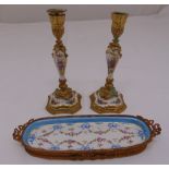 Sevres style desk set to include a quill holder and candlesticks with ormolu mounts, A/F, 18cm (h)