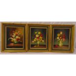 Clariss three framed oils on panel still life of flowers, all signed bottom right, 25 x 19.5cm