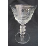 A late Victorian etched toasting glass on knopped stem with circular spreading base, 14.5cm (h) 9.