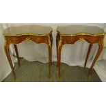 A pair of continental kingswood and gilt metal kidney shaped side tables on cabriole legs, 73.5 x 57