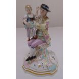Meissen figural group of a man and child, on raised shaped square base, marks to the base, A/F, 24cm