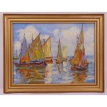 A framed oil on canvas of sailing boats, indistinctly signed bottom right, 29.5 x 39.5cm