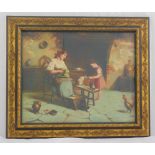 J T Alcock framed and glazed oil painting of a mother, child and animals in an interior scene,