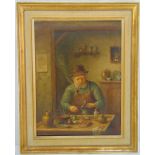 Aileen C Eagleton framed and glazed oil on canvas of an elderly gentleman at his worktable, signed
