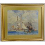 G Harrison framed and glazed watercolour of a yacht and steam ship, signed bottom right, dated 1915,
