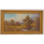 A framed oil painting of a landscape scene with cottage and figure, monogrammed SJ with label to