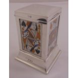 Silver rectangular playing card holder, hinged cover cedar wood lined, on raised square base,