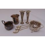 A quantity of silver and white metal to include a beaker, a pair of vases and a cream jug, approx