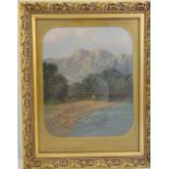 J Leslie framed and glazed oil on panel of a river and mountain scene titled The Silver Strand, 27.5