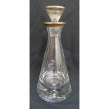 A decanter with drop stopper, the collar and drop stopper with hallmarked silver mounts, 32cm (h)