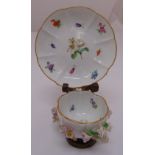 A Meissen cabinet cup and saucer, decorated with insects and floral sprays, marks to the base