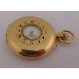 J.W. Benson London 18ct yellow gold half hunter pocket watch, white enamel dial, Arabic numerals and