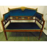 An Edwardian rectangular mahogany two seater settle, pierced gallery and inlaid with satinwood