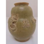 A Chinese Song style gourd shaped vase with applied masks and dragon figures, 25.5cm (h)