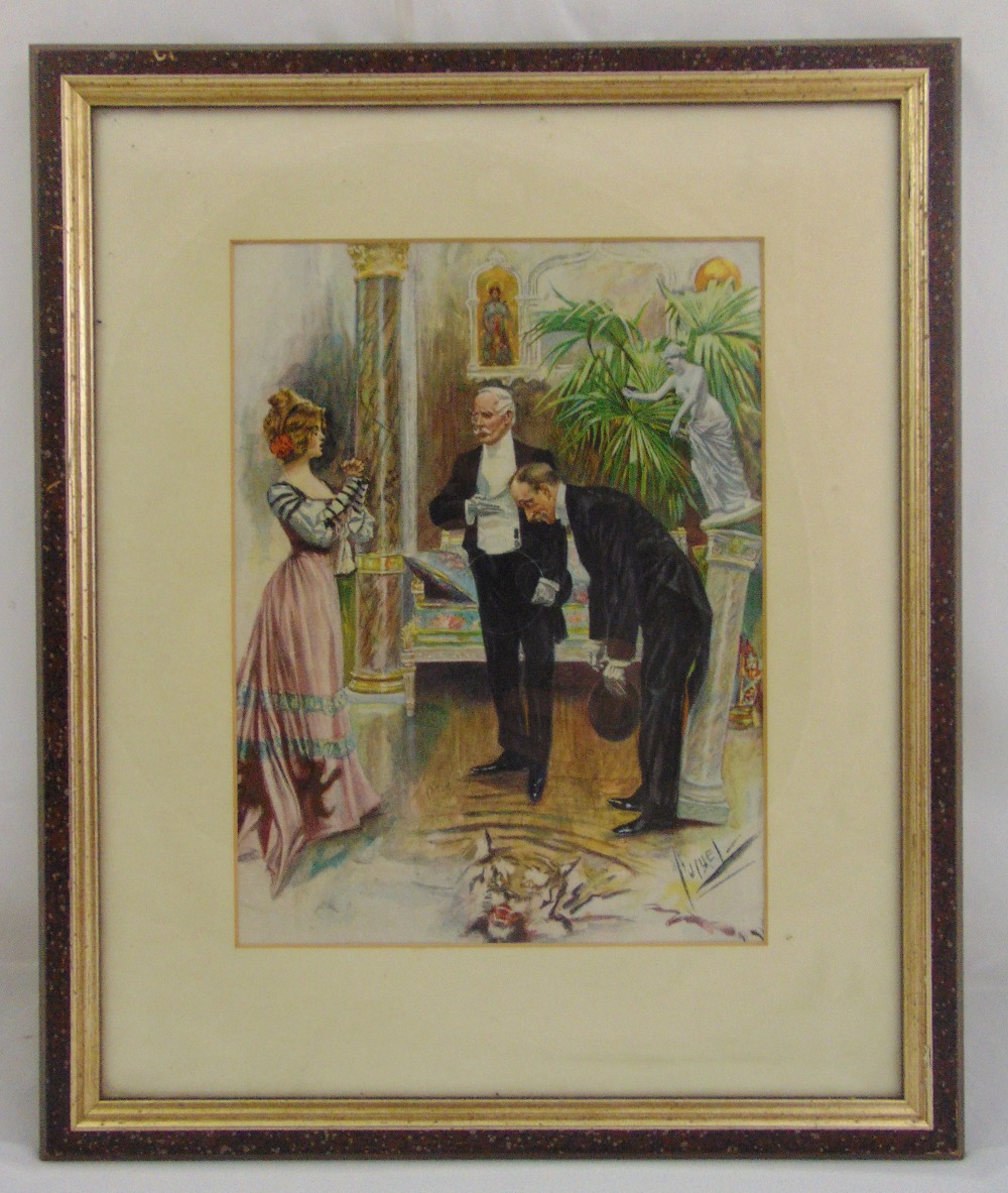 A framed and glazed lithographic print of figures in an interior setting indistinctly signed