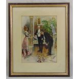 A framed and glazed lithographic print of figures in an interior setting indistinctly signed