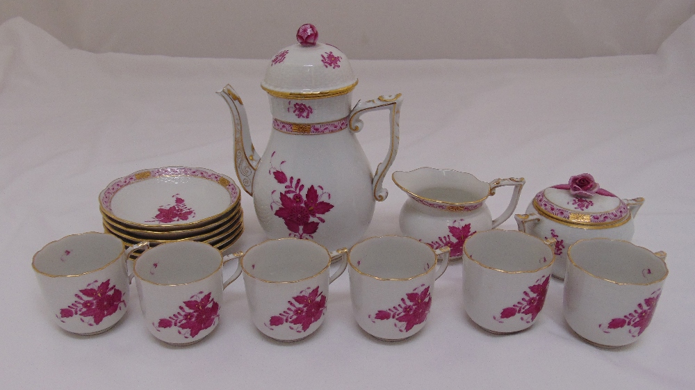 A Herend Chinese Bouquet raspberry coffee set to include cups, saucers, sugar bowl and cream jug (