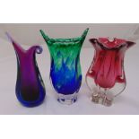 Three coloured glass vases to include two Venetian vases and a Chribska Glass Studio vase