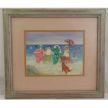 Gillian Lawson framed and glazed watercolour of figures in the sea titled Taking a Dip, signed and
